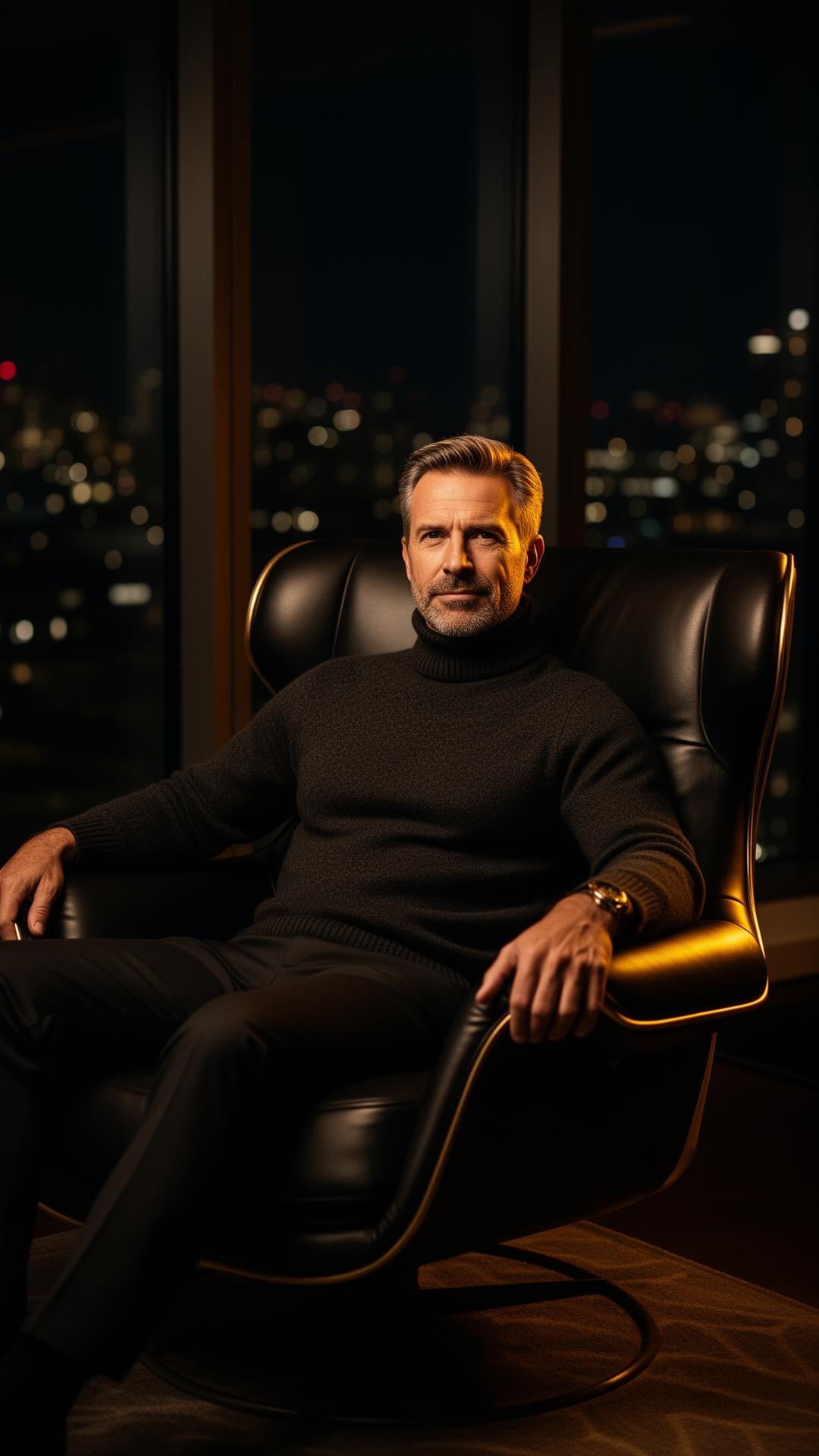 A confident man enjoying the quiet of a private penthouse lounge at night