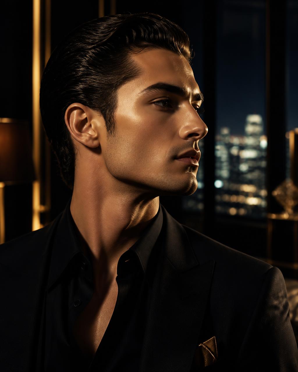 A polished, confident patient with defined facial structure in a luxury evening setting