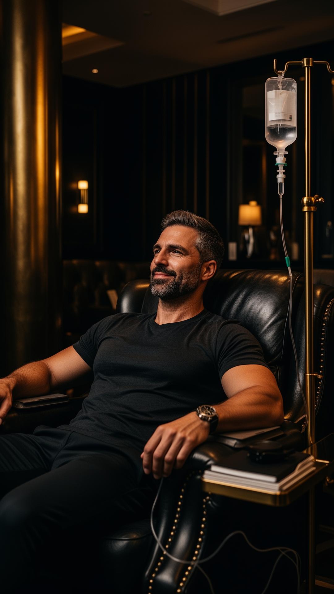 A confident man relaxing during a private IV nutrient therapy session in a premium wellness lounge